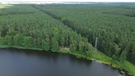 Poste-De-Energía-Con-Línea-Eléctrica-En-El-Bosque-A-Orillas-Del-Lago-Circulando-Aéreamente