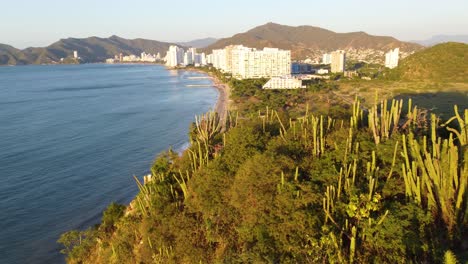 Aerial-view-of-Rodadero-Beach-located-in-Santa-Marta,-Magdalena,-Colombia