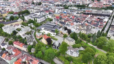 Drone-Shot-of-Bergen,-Norway,-University-and-Central-Residential-Neighborhood-Buildings