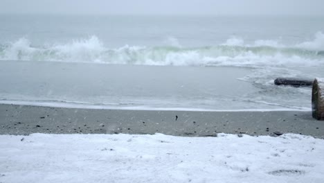 Schneefall-Am-Strand,-Verschwommene-Wellen-In-Zeitlupe,-Verschneiter,-Bewölkter-Tag