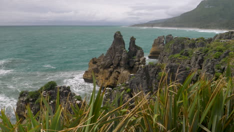 4K-footage-of-waves-crashing-against-a-sea-stack-and-cliff-with-plants-in-the-foreground---Punakaiki,-New-Zealand
