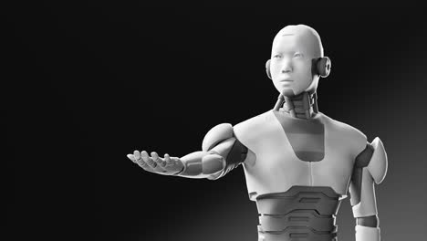 Humanoider-Cyborg-Prototyp,-Beweglicher-Arm-Und-Anzeige-Von-Leerem-Raum-In-Der-Handfläche-Zum-Hinzufügen-Von-Objekten,-Dunkelschwarzer-Leerer-Raumhintergrund,-Futuristisches-Aufgabenszenario-Mit-Künstlicher-Intelligenz,-3D-Rendering-Animation