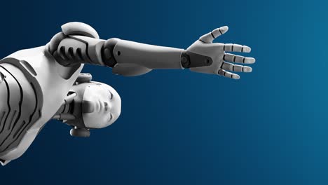 humanoid-cyborg-prototype-moving-arm-and-showing-palm-hand-empty-space-for-adding-object-,-blue-sky-background,-artificial-intelligence-concept-of-futuristic-task-scenario-3d-rendering-animation