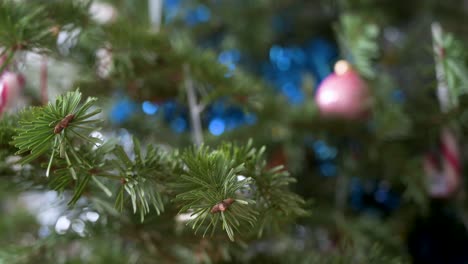 Close-up-and-shallow-focus-view-of-detailed-Christmas-pine-tree-branches-adorned-with-numerous-ornaments-during-the-winter-season