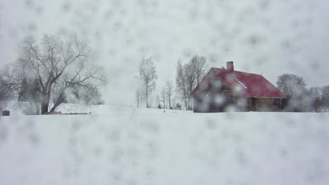 Zeitraffer-Winter-Ländliche-Feldhütte-Im-Wald-Linse-Mit-Schnee-Bedeckt-Übergang