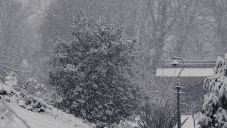 Zeitlupen-Schneefall-Mit-Haus-Und-Baum-Im-Hintergrund