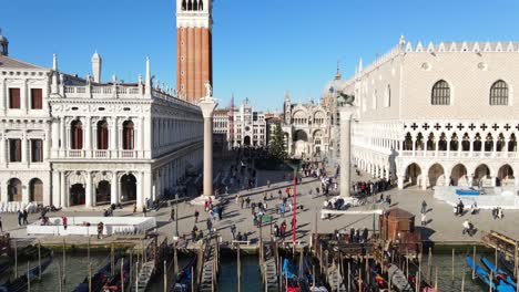 Aeria-view-that-appreciates-the-three-important-buildings-of-Piazza-San-Marco-in-Venice,-Italy