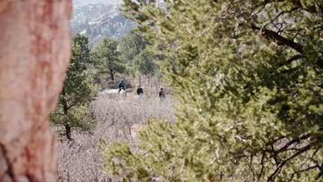 Vista-A-Través-Del-Follaje-De-Los-Turistas-En-Un-Paseo-A-Caballo-En-El-Jardín-De-Los-Dioses-En-Colorado-Springs,-Colorado