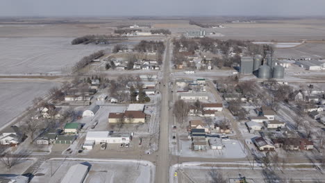 Aerial-Shot-of-Mooreton-Town-in-Winter,-North-Dakota
