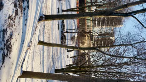 Distant-person-walks-in-snowy-park-on-sunny-day-in-Stockholm,-vertical
