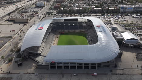 Aerial-View-of-BMO-Soccer-Stadium,-Exposition-Park,-South-Los-Angeles-CA-USA,-Revealing-Drone-Shot