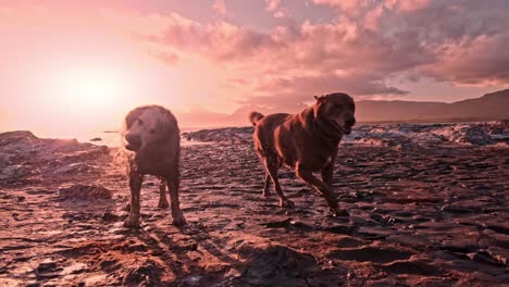 A-golden-retriever-and-a-brown-Labrador-come-running-out-of-a-lagoon-at-sunset-and-shake-after-a-swim