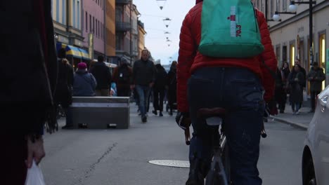 Static-slomo-of-bike-and-pedestrian-street-traffic,-Stockholm,-Sweden