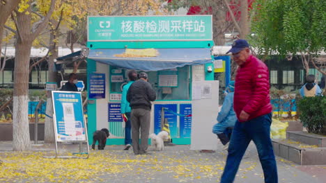 Menschen-Stehen-Vor-Einer-PCR-Testkabine-In-Peking,-China-Schlange