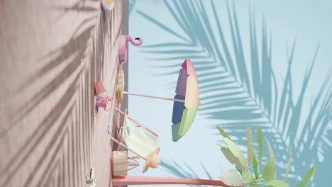 vertical-rendering-animation-of-holiday-vacation-in-tropical-sunny-beach-concept-with-umbrella-for-sunbathing-and-palm-tree