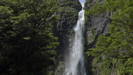 Slow-Motion-static-footage-of-the-Devil's-Punchbowl-Waterfall---Arthur's-Pass,-New-Zealand