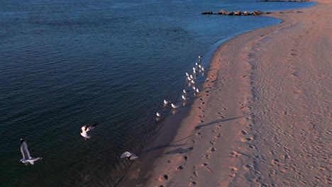 A-low-angle-view-of-the-empty-beach-on-Reynolds-Channel-in-Atlantic-Beach,-NY-during-sunrise