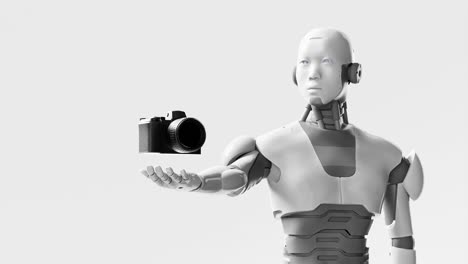 Prototipo-De-Robot-Cibernético-Humanoide-Que-Sostiene-Una-Cámara-Digital-De-Fotografía,-Inteligencia-Artificial-En-El-Campo-Artístico,-Animación-De-Representación-3d