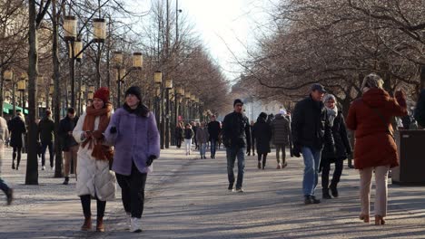 People-walk-in-Kungstradgarden-park-in-springtime-Stockholm,-Sweden