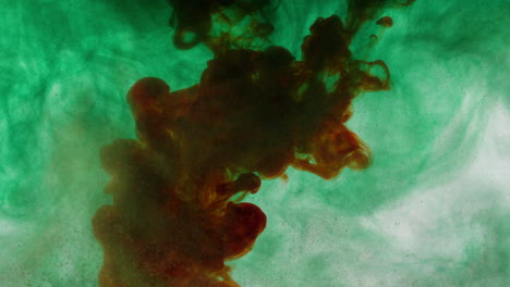 green-and-bronze-ink-liquids-in-watertank,-forming-sulfur-color