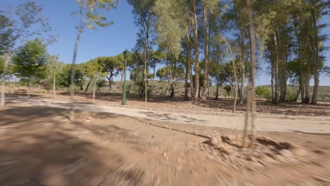 Aerial-footage-captures-a-near-ground-viewpoint-as-it-glides-along-a-path-flanked-by-trees-within-the-garden-of-Marmolejo-Spa-Center,-nestled-in-Jaén-province,-Andalusia,-southern-Spain