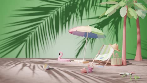 3d-rendering-animation-of-holiday-vacation-in-tropical-sunny-beach-concept-with-umbrella-for-sunbathing-and-palm-tree-green-background-travel-agency-resort-hotel