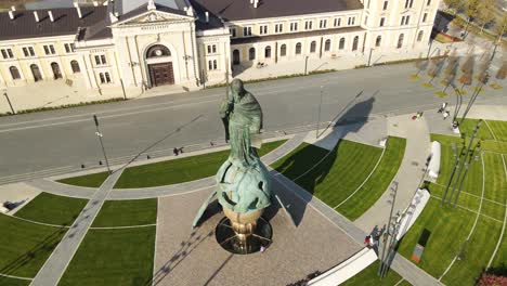 Aerial-View-of-Monument-to-Stefan-Nemanja,-Founder-of-the-Medieval-Serbian-state-in-Front-of-Old-Train-Station-in-Belgrade,-Serbia