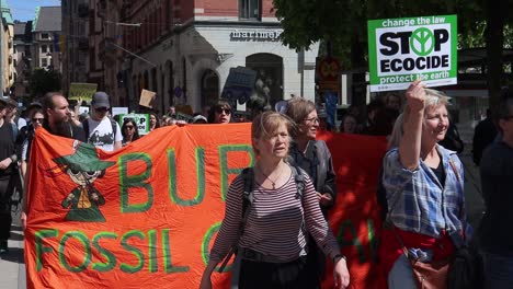 Demonstranten-Mit-Schildern-Und-Bannern-Marschieren-Bei-Umweltkundgebung,-Zeitlupe