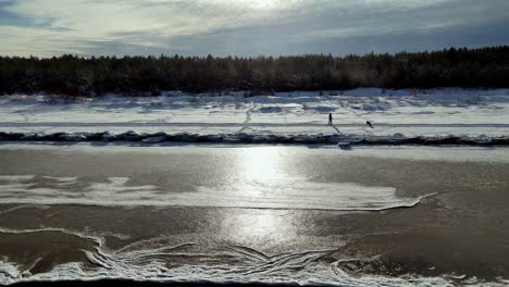 Person-walking-a-brown-and-white-dog-on-a-frozen-riverbank,-with-snow-covered-trees-and-a-cloudy-sky-in-the-background