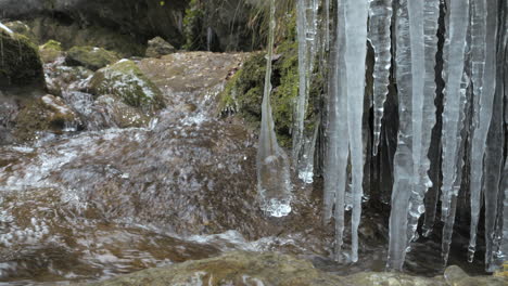 Flowing-clear-water-stream-from-alps-with-hanging-icicles-in-nature,close-up-shot