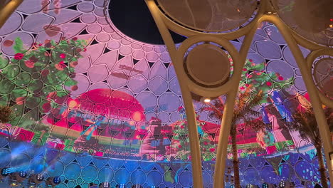Dubai-UAE-Expo-2020-Main-Exhibition,-Al-Wasl-Plaza-Visual-Projection-on-Dome-Low-Angle-Panoramic-View