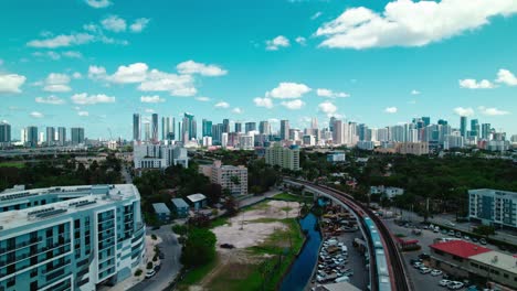 Miami-Skyline-and-Train-on-Elevated-Tracks:-Aerial-Perspective