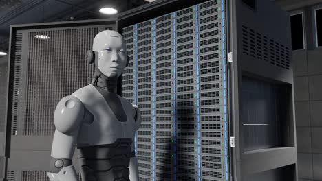 Cyborg-Humanoide-Moviéndose-Alrededor-Del-Servidor-Internet-Alta-Tecnología-Sala-De-Alarma-Roja-Dando-A-Luz-Concepto-Inteligencia-Artificial-Tomando-El-Control-En-3d-Renderizado-Animación-Ciberseguridad-Guerra