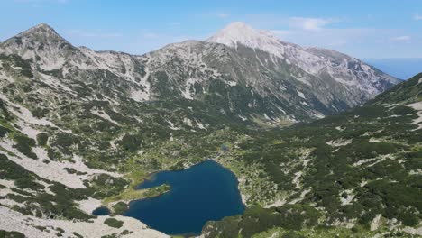 Mountain-Lake-and-Nature-Landscape-in-Pirin-National-Park,-Bulgaria---Aerial-4k
