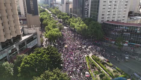 Drone-perspectives-of-International-Women's-Day-procession-on-Avenida-Reforma,-CDMX