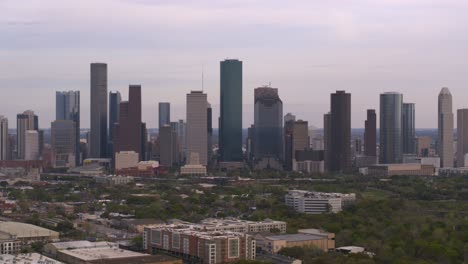 High-angle-drone-view-of-downtown-Houston,-Texas