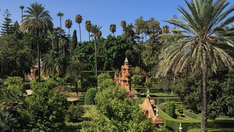 Seville,-Spain,-Royal-Alcazar-Gardens,-Tourist-Attraction-on-Hot-Summer-Day,-Panorama