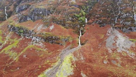 Luftaufnahme-Der-Malerischen-Glencoe-Berglandschaft,-Bedeckt-Mit-Heidekraut-Und-Einem-Herabfließenden-Fluss