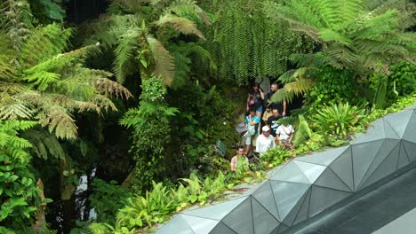 People-walking-through-the-path-at-the-Cloud-Forest-greenhouse-conservatory,-immersed-in-the-magical-environment,-an-indoor-greenery-at-Gardens-by-the-bay,-Singapore-tourist-attraction