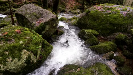Schäumender-Bach-Rauscht-über-Grüne,-Moosbedeckte-Felsen