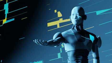 Roboter-Humanoid-Zeigt-Seine-Leere-Handfläche-Mit-Technologie-Codierungshintergrund,-Künstliche-Intelligenz-übernimmt-Konzept