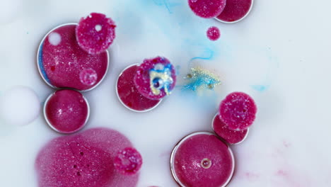 Leuchtend-Rosa-Und-Blaue-Tintentropfen-Diffundieren-Im-Wasser,-Abstrakter-Hintergrund