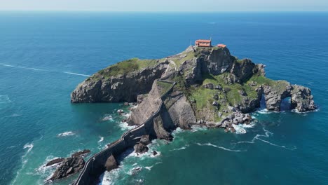 Gaztelugatxe-Castle-on-Island-in-Bermeo,-Bay-of-Biscay,-Basque-Country,-North-Spain---Aerial-4k