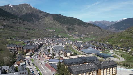 Vielha-Ski-Resort-Town-in-Aran-Valley,-Spanish-Pyrenees,-Spain---Aerial-4k