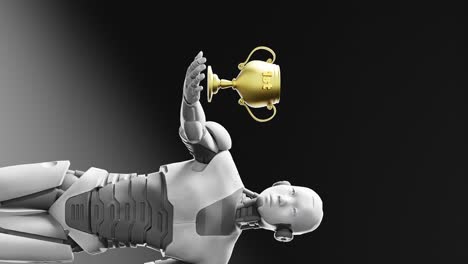 Prototipo-De-Robot-Cibernético-Humanoide-Sosteniendo-Una-Medalla-De-Oro-De-Copa-De-Premio,-Inteligencia-Artificial-En-El-Campo-De-Arte-De-Competición-Deportiva-Animación-De-Renderizado-3d-Fondo-Negro-Vertical