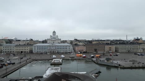 Aerial-slide-and-pan-shot-of-tower-of-famous-Helsinki-Cathedral