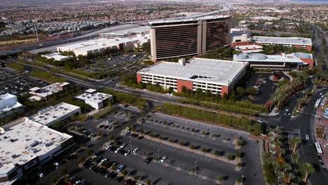 Downtown-Summerlin,-Las-Vegas-USA-Neighborhood,-Aerial-View-of-Red-Rock-Casino-Resort-and-Traffic