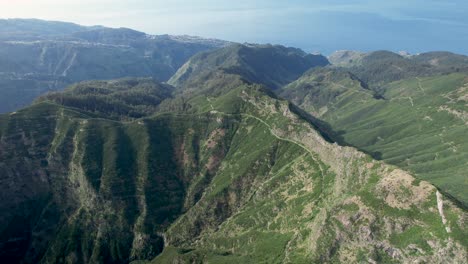 Vuelo-De-Drones-Sobre-La-Estrecha-Y-Exuberante-Cresta-Verde-De-La-Montaña-De-Madeira-A-La-Luz-Del-Sol