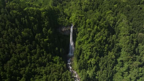 Slow-tilt-reveal-shot-of-Nachi-waterfall,-the-biggest-in-Japan