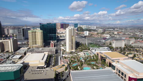 Las-Vegas-NV-USA,-Aerial-View-of-MGM-Grand-Pool-Complex,-Signature-Towers,-Marriott's-Grand-Chateau,-Hilton-Grand-Vacations,-Drone-Shot